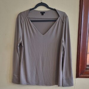 Ann Taylor Long Sleeve V-Neck Top - Beige